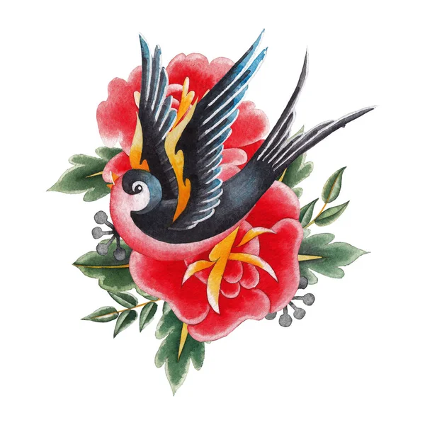 Watercolor swallows and flowers — Stock Photo, Image