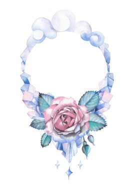 Gül, kristaller ve bulutlar ile sulu boya tasarım