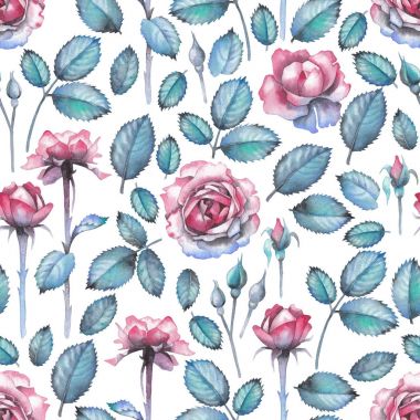 Gül yaprakları ve çiçekleri ile suluboya desen