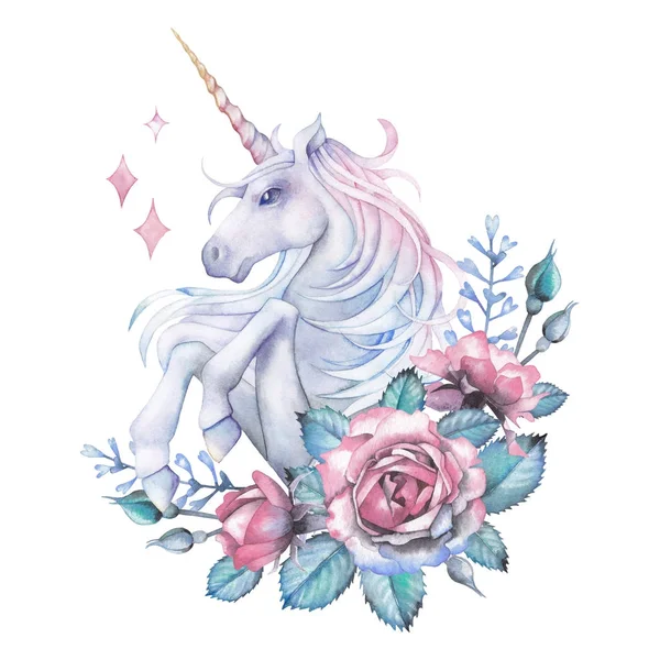 Watercolor design with unicorn and rose vignette — Stock Photo, Image