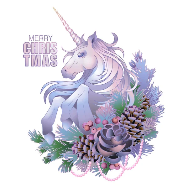 Vector with unicorn and coniferous decorations — Stock Vector