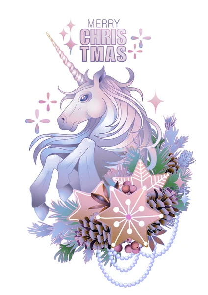 Vector with unicorn and coniferous decorations — Stock Vector