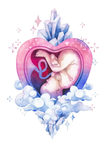 Watercolor embryo inside the womb with fantasy decorations — Stock Photo, Image