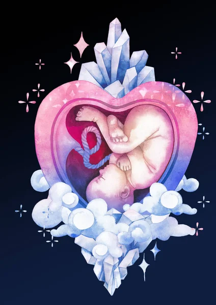 Watercolor embryo inside the womb with fantasy decorations — Stock Photo, Image