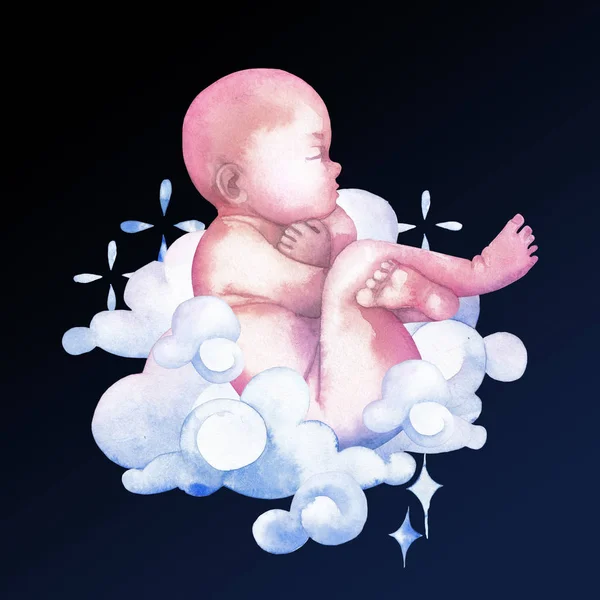 Akwarela dziecko otoczone chmurami i błyszczy — Zdjęcie stockowe