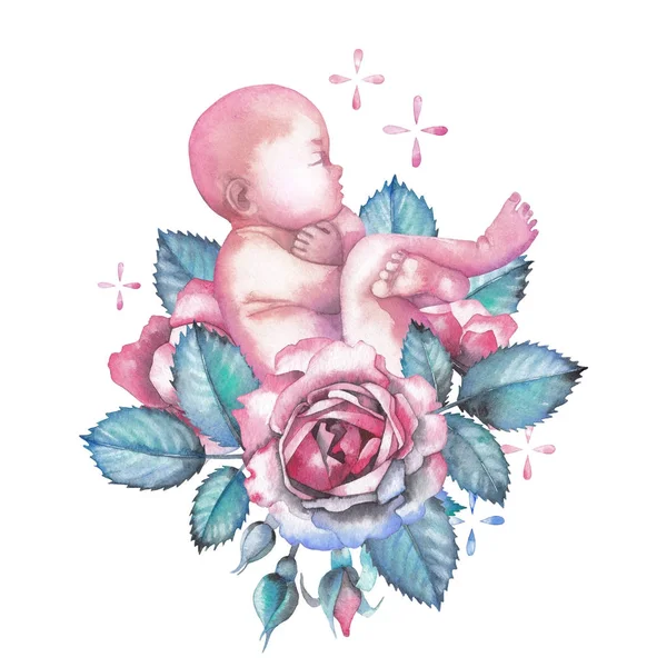 Aquarelle enfant entouré de roses et d'étincelles — Photo