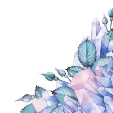 Kristaller ve yaprak suluboya tasarımı