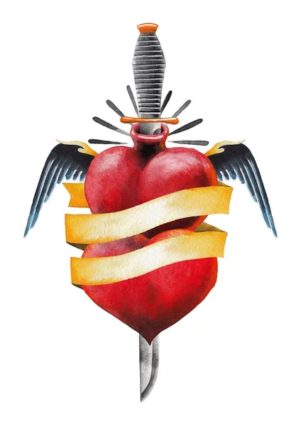Akvarell szárnyas szív kést és szalag — Stock Fotó