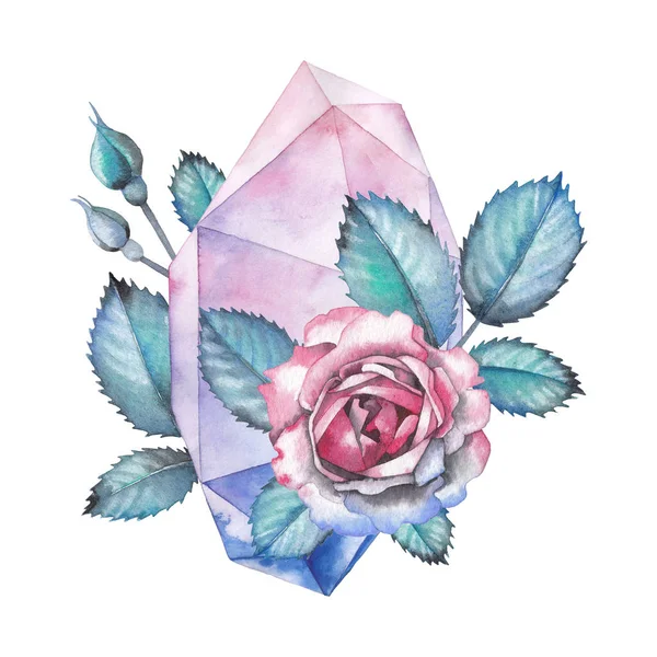 水彩水晶和玫瑰叶 — 图库照片