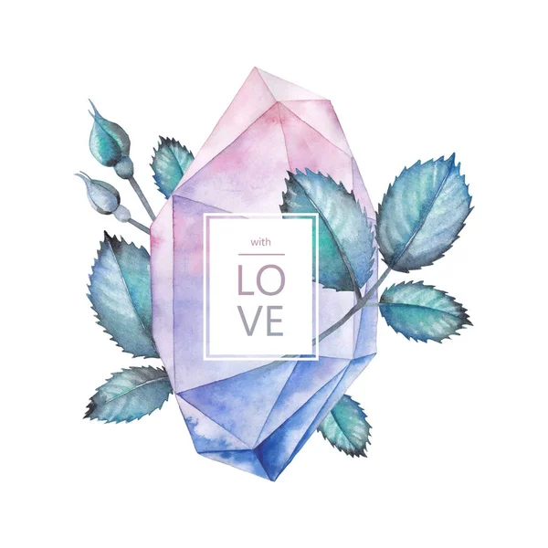 Watercolor crystal and rose leaves — Stock Photo, Image