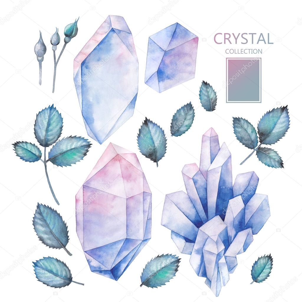 Watercolor crystals and leaves
