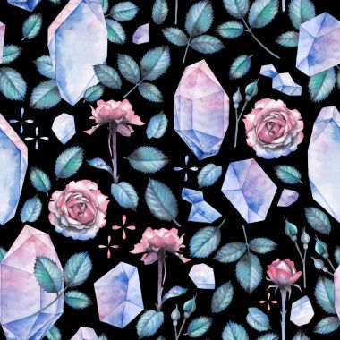 Suluboya model kristal ile gül yaprakları ve çiçekler