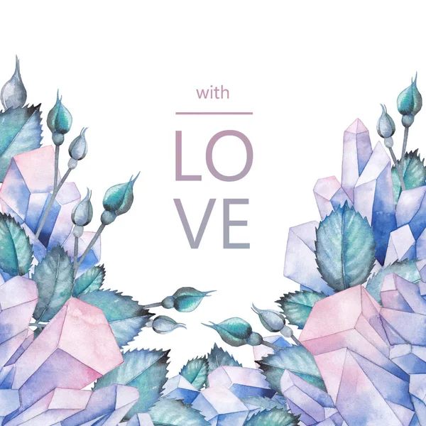 Watercolor design with crystals and leaves — Stock Photo, Image