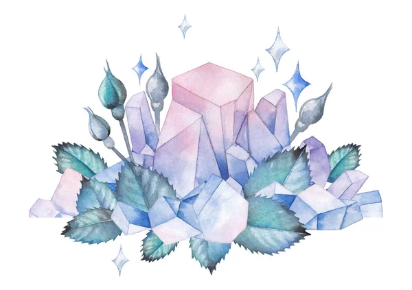Акварель дизайн с кристаллами и листьями — стоковое фото