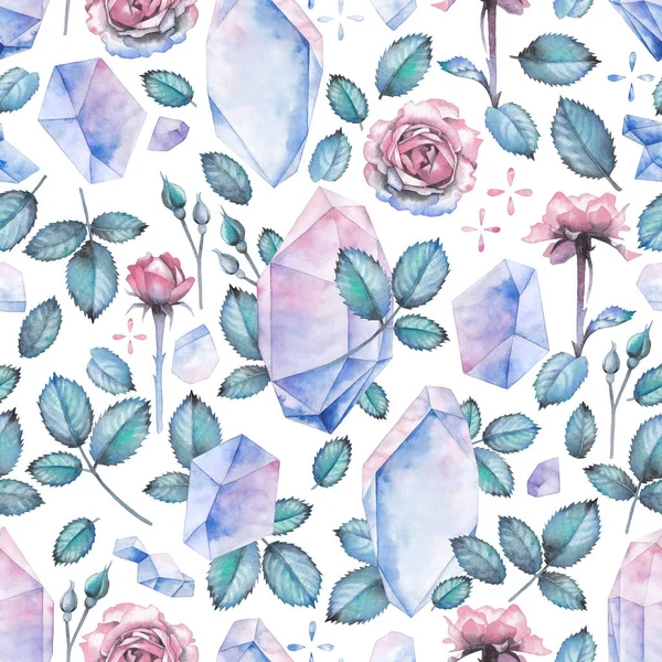 Watercolor pattern with crystals, rose leaves and flowers