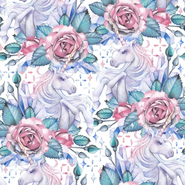 Watercolor design with unicorn and rose vignette — Stock Photo, Image