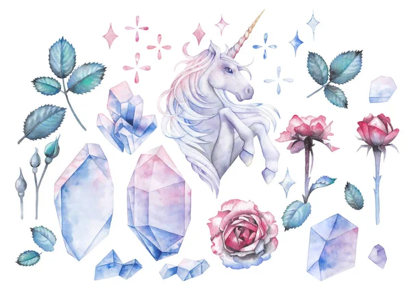 Watercolor design with unicorn and rose vignette — Stock Photo, Image