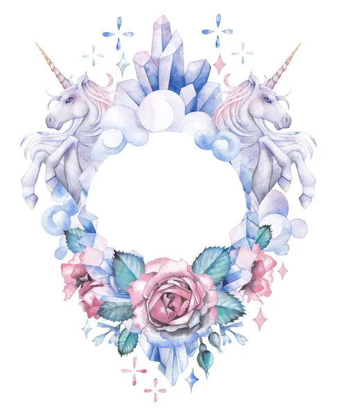 Watercolor design with unicorns, crystals, roses and clouds — Stock Photo, Image