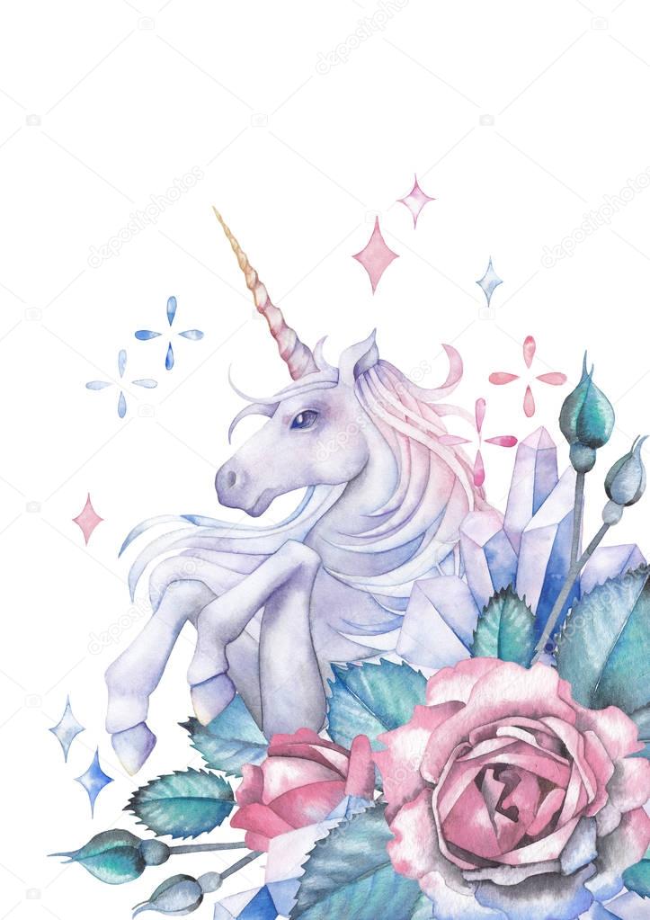 Watercolor unicorn decorated with roses and crystals