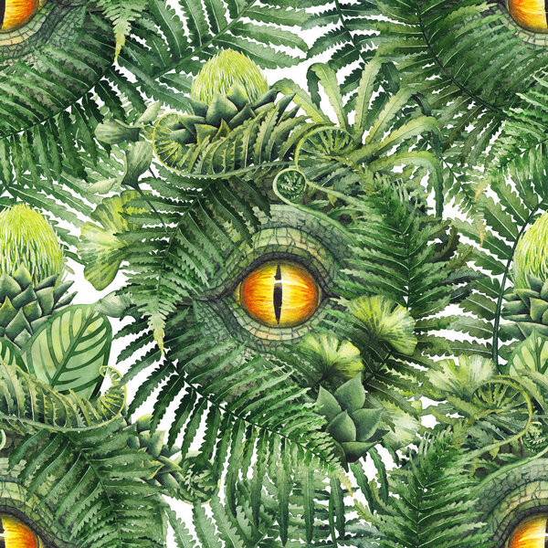 Watercolor dinosaur eye and prehistoric plants