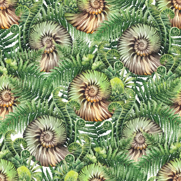 Förhistoriska akvarell seashell och fern grenar — Stockfoto
