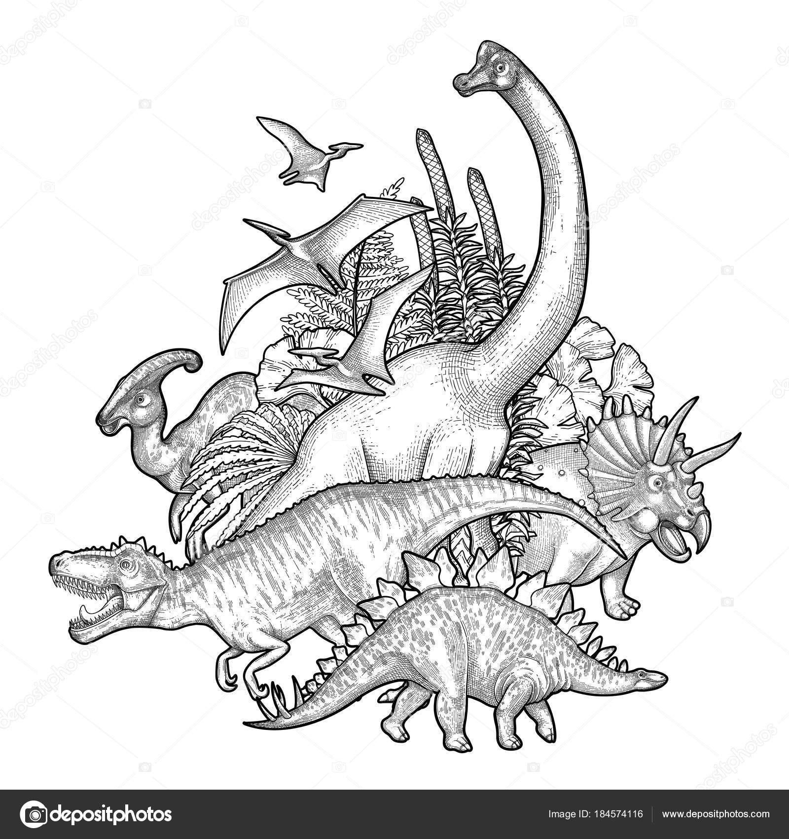 Conjunto De Dinossauros De Desenho Realista Ilustração Stock