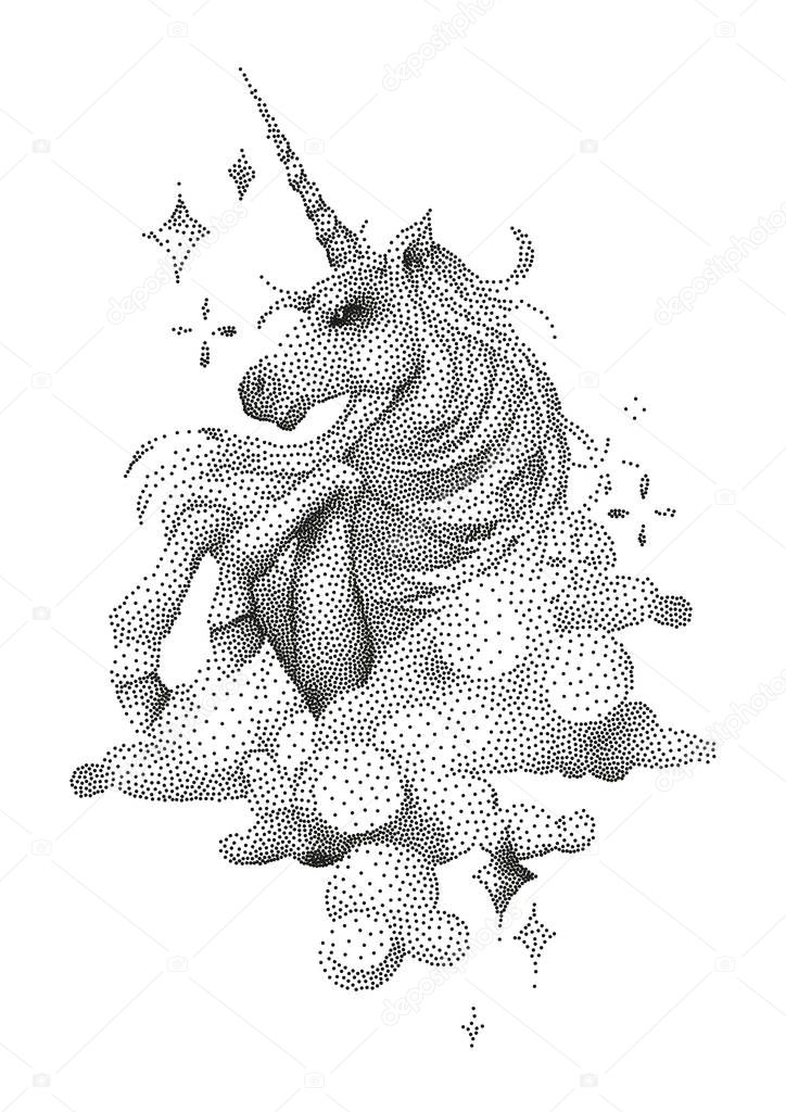 Graphic unicorn in stippling technique