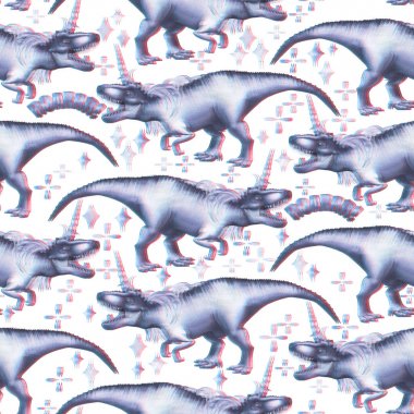 Tek boynuzlu at boynuz ve yele ile sulu boya tyrannosauruses.
