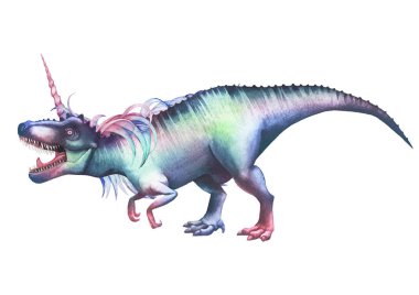 Tek boynuzlu at boynuz ve yele ile suluboya tyrannosaurus.