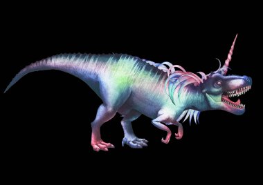 Tek boynuzlu at boynuz ve yele ile suluboya tyrannosaurus.