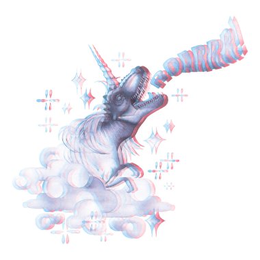 Tek boynuzlu at boynuz ve yele ile suluboya tyrannosaurus.