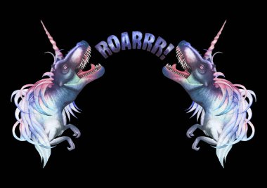 Tek boynuzlu at boynuz ve yele ile sulu boya tyrannosauruses.