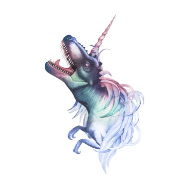 Tek boynuzlu at boynuz ve yele ile suluboya tyrannosaurus.