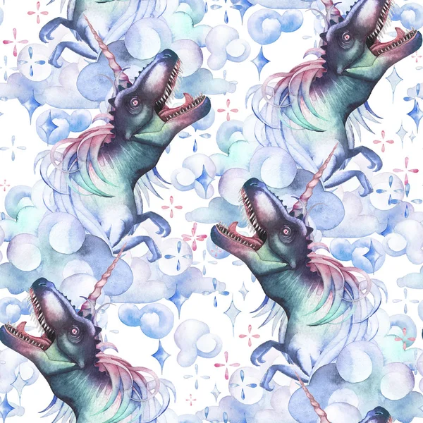 Watercolor tyrannosauruses with unicorn horn and mane. — Stock Photo, Image