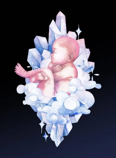 Aquarell-Kind umgeben von Wolken, Kristallen und Funkeln — Stockfoto