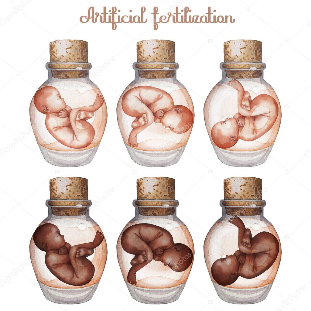 Watercolor fetus in the glass bottle
