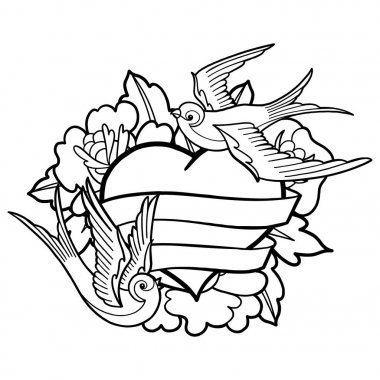 Çiçekler, kurdeleler ve kırlangıçlar ile grafik kalp