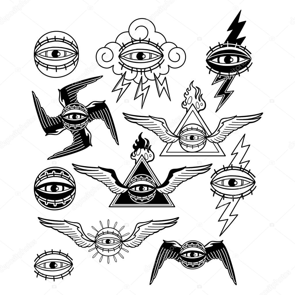 Graphic Collection Of All Seeing Eye With Wings Clouds And Falming Triangle Vector Art For Old School Tattoo Design Coloring Book Page For Adults And Kids 194633604 Larastock