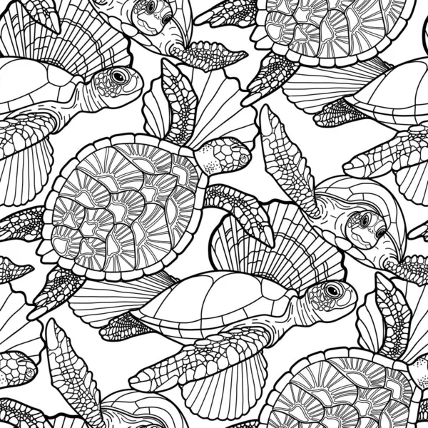 Seamless pattern of graphic swimming turtles in black and white colors. — Stock Vector