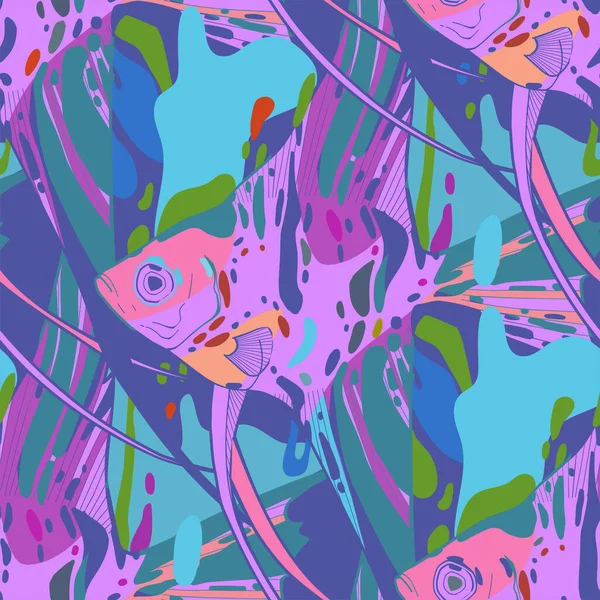 Gráfico sem costura padrão de angelfishes desenhado em linha arte stile — Vetor de Stock