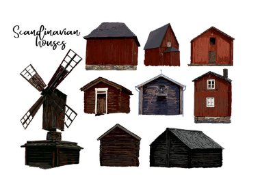 Eski değirmen ve geleneksel İskandinav ahşap evleri koleksiyonu