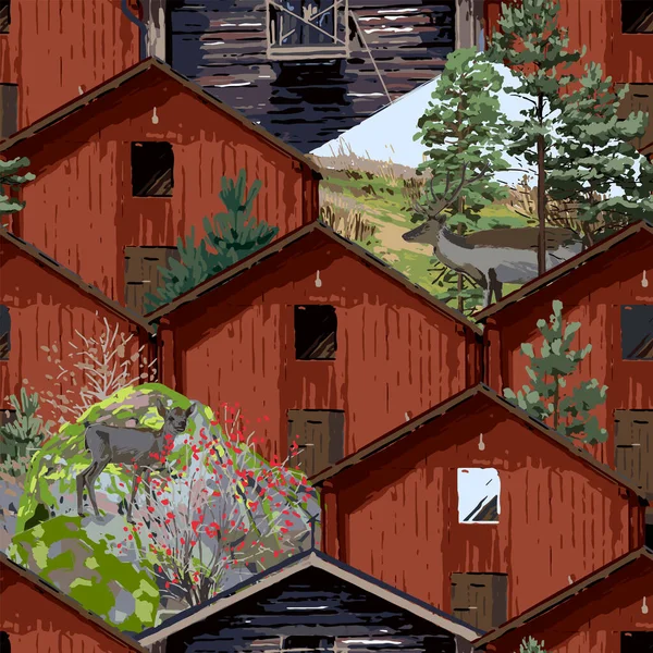 Vecchie case tradizionali in legno scandinavo con alberi di conifere e inserti paesaggistici . — Vettoriale Stock