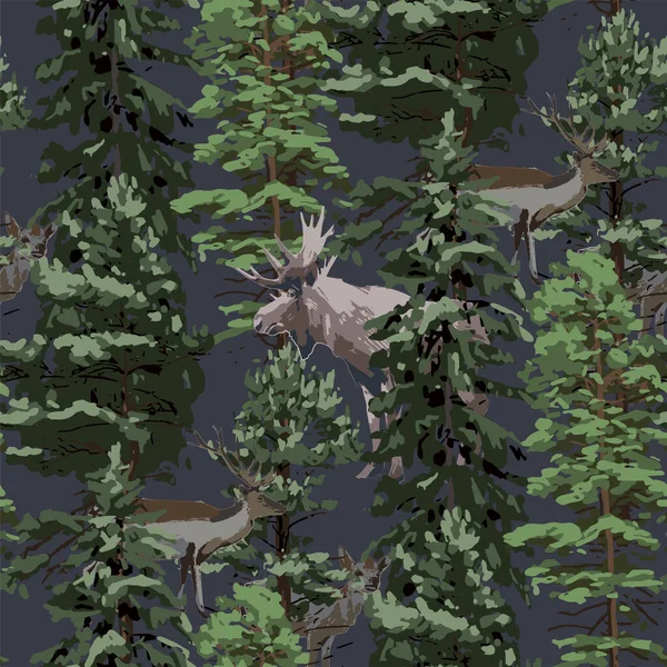 Wilde Elche und Rentiere umgeben von Nadelbäumen — Stockvektor