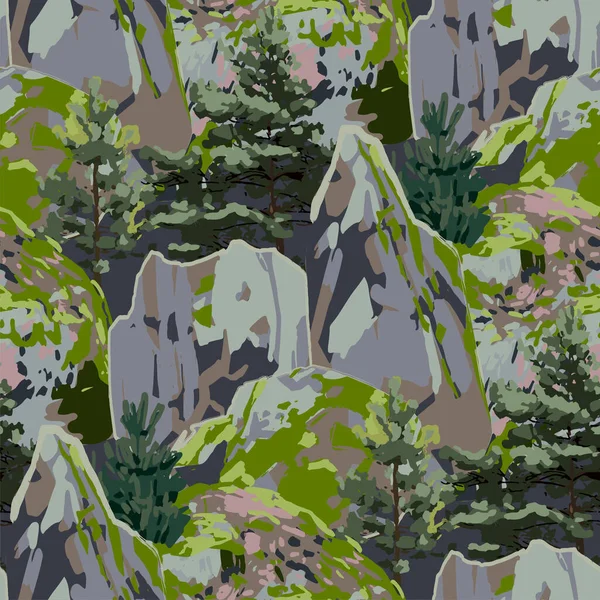 Огромные скалы, покрытые мхом, окруженные хвойными деревьями — стоковый вектор