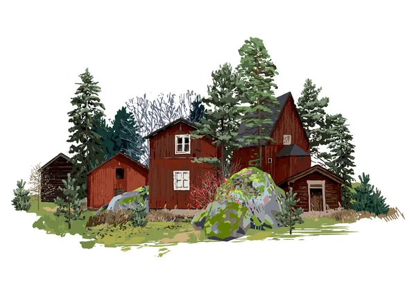 Старые традиционные скандинавские деревянные дома, окруженные хвойными деревьями и камнями, покрытые мхом . — стоковый вектор