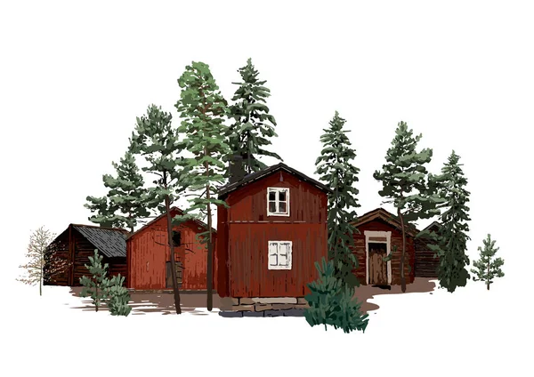 Antiguas casas tradicionales de madera escandinava, rodeadas de árboles de coníferas . — Vector de stock