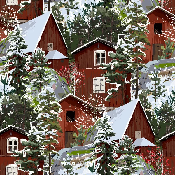 Eski geleneksel İskandinav ahşap evleri, kozalaklı ağaçlar ve taşlarla çevrili — Stok Vektör