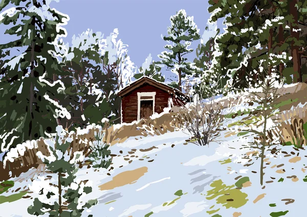 Paesaggio invernale scandinavo con casa in legno sul fianco della collina circondata da conifere — Vettoriale Stock