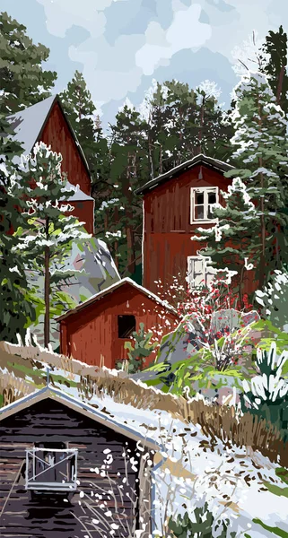 Skandinavische Winterlandschaft mit traditionellen Holzhäusern umgeben von Felsen, Nadelbäumen und Büschen — Stockvektor