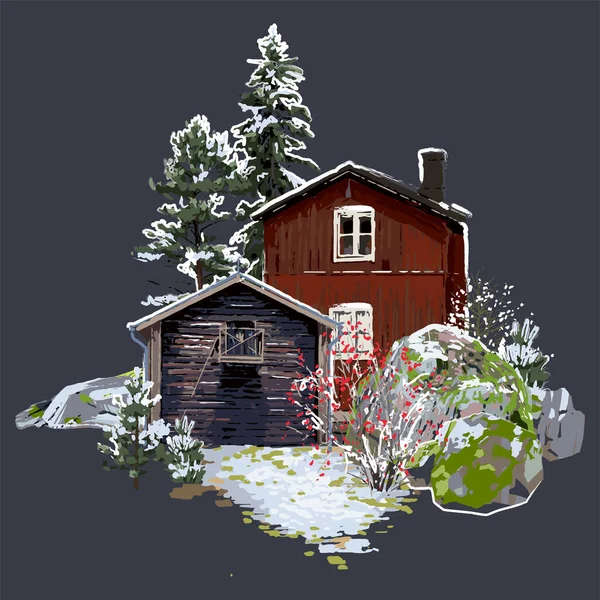 Paisaje de invierno escandinavo con casas tradicionales de madera rodeadas de rocas, coníferas y arbustos — Vector de stock